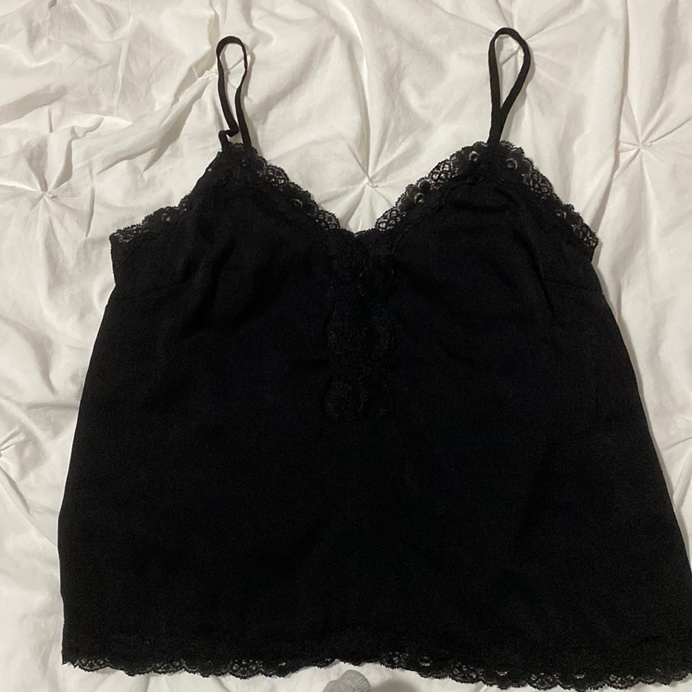 Black polyester w lace trim top